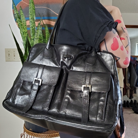 Vintage Handbags - Vintage Black Soft Leather Handbag with Buckles